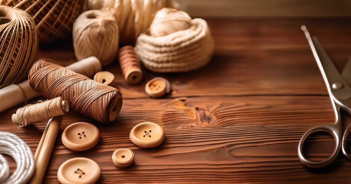 Garnrollen in unterschiedlichen Groessen, Holzknoepfe, Schere 