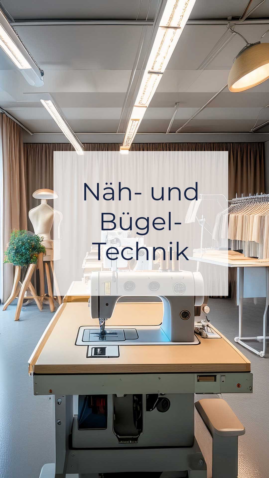 mehrere Industrienaehmaschinen auf Tischen, im Hintergrund Buegeltechnik (mit KI generiert)
